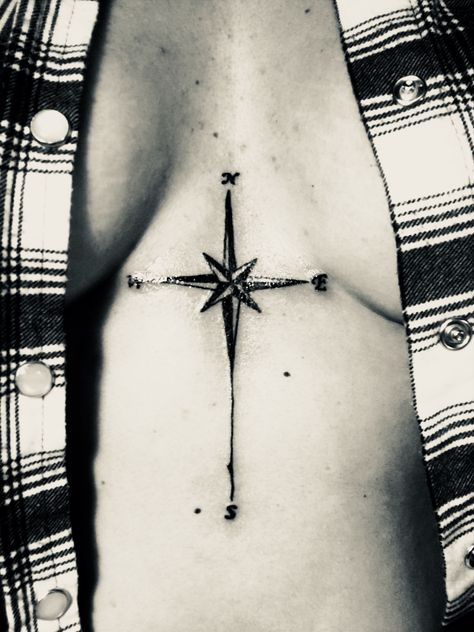 Simple compass tattoo on my sternum. Sternum Compass Tattoo, Compass Tattoo Sternum, Compass Sternum Tattoo, Tattoo Ideas Female Sternum, Women Sternum Tattoo, Feminine Compass Tattoo, Simple Compass Tattoo, Simple Compass, Compass Tattoo Design