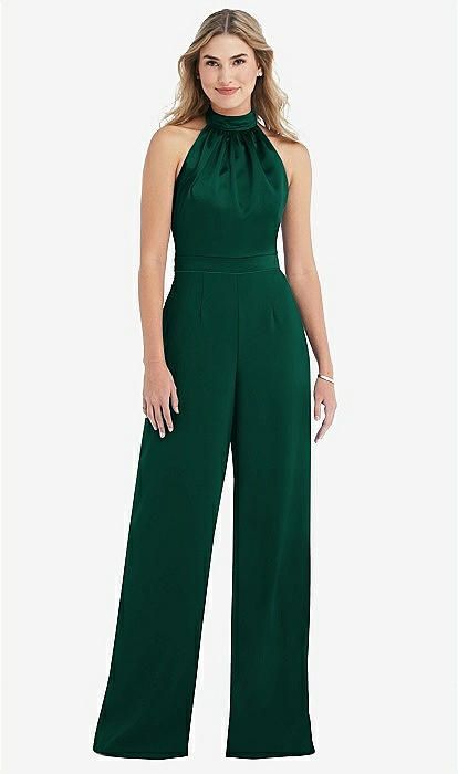 High-neck Open-back Jumpsuit With Scarf Tie In Hunter Green & Hunter Green | The Dessy Group Green Jumpsuit Outfit, Prom Jumpsuit, Crepe Pants, Dessy Collection, Formal Jumpsuit, Crepe Jumpsuit, Scarf Tie, After Six, Jumpsuit Elegant