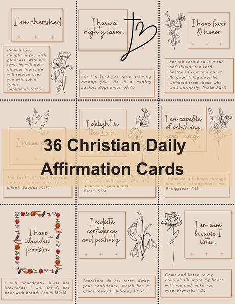 Introducing a collection of 36 Christian daily affirmation cards printable for your convenience. These digital download cards are designed to uplift and inspire, offering a powerful dose of encouragement for your spiritual journey. Use them personally or share them as meaningful gifts with friends, family, or colleagues seeking daily reminders of faith, hope, and love. Affirmation Cards Printable, Christian Affirmations, Faith Hope And Love, Daily Affirmation, Daily Reminders, Cards Printable, Quote Cards, Self Love Affirmations, Love Affirmations