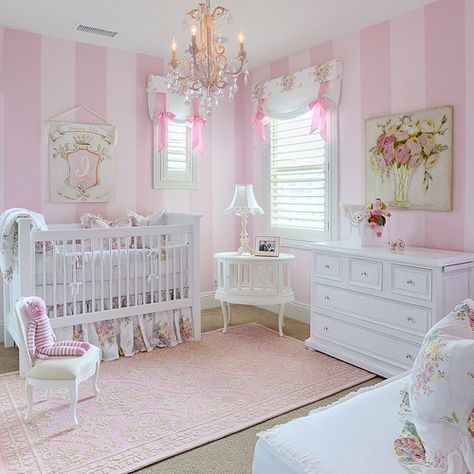 This kind of stuff makes me want a baby girl one day. Nursery Chandelier, Baby Nursery Design, Princess Nursery, Kind Photo, Striped Walls, Princess Room, Girly Room, Pink Nursery