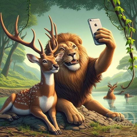 https://card9.com/ai/lion-and-deer-selfie Animal Funny Pictures, Lion Anime Art, Lion Pic, Funny Animals Pics, Lion Pics, Venkateswara Swamy Images Hd 1080 Wallpaper, All Animals Photos, Deer Images, Lion Image