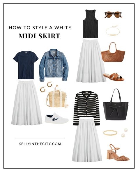 How to Style a White Midi Skirt White Midi Skirt Outfit Summer, Tiered Midi Skirt Outfit, White Tiered Skirt Outfit, Midi Skirt Outfit Summer, White Midi Skirt Outfit, Sweater Over A Dress, Flare Skirt Outfit, Linen Skirt Outfit, Midi Skirt Outfits Summer