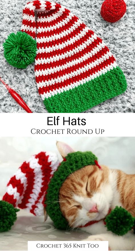 Looking for a fun and festive thing to wear to that holiday work party? These crochet elf hats are sure to impress! #crochet #crochethat #crochethatpattern #crochet365knittoo #crochetelfhat #crochetelfhatpattern #christmascrochet #crochetchristmas #crochetchristmashat Crochet Dog Elf Hat Free Pattern, Crochet Cat Santa Hat Free Pattern, Hats For Cats Crochet Pattern, Crochet Dog Santa Hat Free Pattern, Crochet Cat Hats Free Pattern, Hat For Cat Crochet Pattern Free, Christmas Hat Crochet Pattern, Christmas Hat Crochet, Crochet Elf Hat Pattern