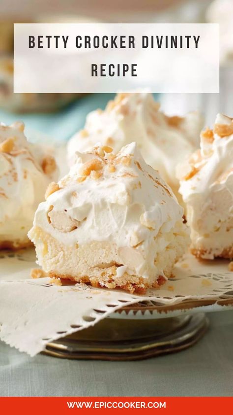 Betty Crocker Divinity Recipe – Epic Cooker Betty Crocker Divinity Recipe, Mastros Butter Cake, Meringue Recipes, Divinity Recipe, Divinity Candy, Meringue Pie Recipes, Betty Crocker Recipes, Meringue Recipe, Homemade Candies