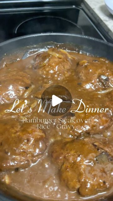 Shak Richie on Instagram: "📌 Tasty hamburger “steaks” smothered in gravy + onions 🍴 Growing up my grandmother used to make this meal and it hit every single time she made it! It’s definitely a go-to meal when I’m looking to be full, but not trying to go full Gordon Ramsay in the kitchen. Best of all, this meal is super inexpensive and doesn’t take a lot of ingredients. Don’t forget to like, save, share + add this recipe to your list of dinner ideas 🤌🏾 #hamburgersteak #salisburysteak #quickdinner #quickmealsathome #airfryerrecipe #heartymeals #dinneridea" Hamburgers And Gravy Easy Recipes, Dinner With Hamburger Patties, Burger And Mashed Potatoes, Hamburger Rice And Gravy, Smothered Turkey Burgers, Steak Recipe Dinners, Tik Tok Ground Beef Recipes, Hamburger And Gravy Recipe Easy, Smothered Burgers With Gravy