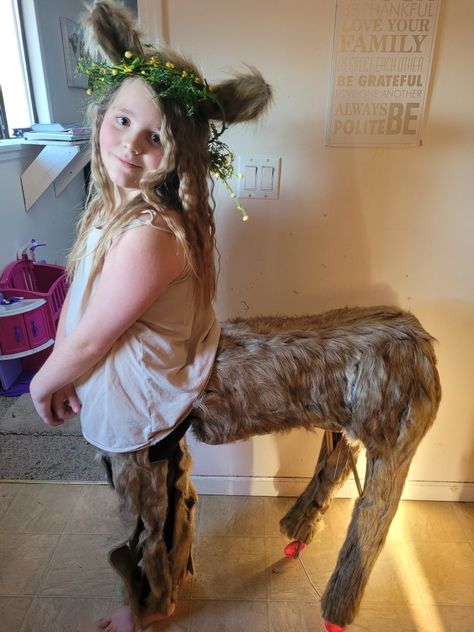 I made this costume for my daughter to be "Miss" Tumnus in a Narnia play. The costume was constructed from cardboard boxes, balls of newspaper, plastic bags, three mini broom handles, a broken frame from a child's doll stroller, and lots of duct tape. Then I hot glued on faux fur which is sold in rolls at Dollarama. There is elastic going from the top of the body under her shirt as a shoulder harness. There is also a belt of cardboard around the waist which fastens with heavy duty velcro. Centaur Costume Diy, Lion Witch Wardrobe Costume, Mythical Costumes, Centaur Costume, Fawn Costume, Wardrobe Costume, Lion Witch Wardrobe, Witch Wardrobe, Puppets Diy