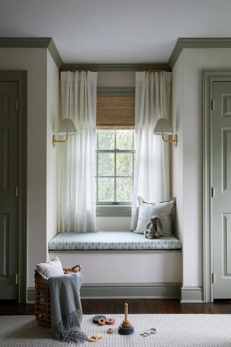 How This Creative Turned Her Rental Guest Room Into a Serene Nursery Chic Nursery Ideas, Boho Minimalism, Moody Boho, Sage Green Paint, Ceiling Trim, Dream Nursery, Wainscoting Panels, Buy Curtains, Window Benches