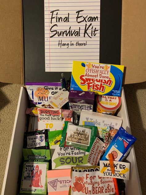 "Build your own Final Exam Survival Kit! You choose the box and the kit will come with a decorative note on the box and your choice of contents. Either 12 or 17 items depending on the box you select. Please watch shipping times! Step 1: Choice of box and amount of items: *Reusable Large black and white magnetic close 14x10x5.5- Choice of 17 items $55 *Reusable Medium black and white magnetic close 11.5x8.5x4.5 - Choice of 12 items $45 *Reusable Large multicolor striped magnetic close 14x10x5.5 -