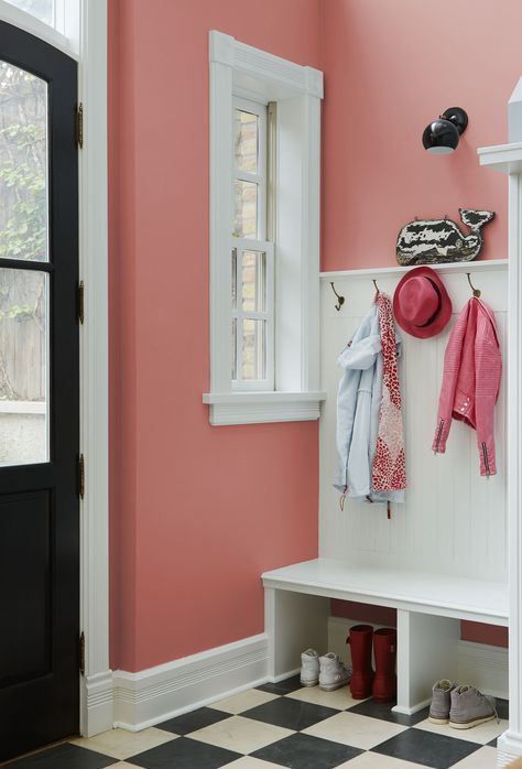 Dream Mudroom, Checked Floor, Small Mudroom, Small Mudroom Ideas, Valspar Paint, Mudroom Ideas, Entryway Inspiration, Famous Interior Designers, Hall Furniture