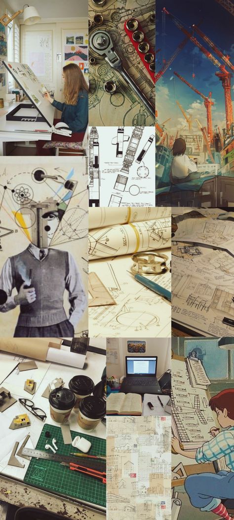 A collage of 11 pictures with a yellow rustic filter. (1) girl sketching on a cool board with incline (2)(3)(4)a sketch with tools on top (5)(6)gilhbi style drawings of cool futuristic world and a girl sketching in her room (7)(8) random sketches of buildings and constructions (9) rocket sketches (10) a desk with notes, books and a laptop (11) a person with light academia outfit with mathematical, physics and cool symbols. Data Scientists Aesthetic, Soft Ware Engineer Aesthetic, Engineer Women Aesthetic, Engineering Woman Aesthetic, Mechanical Engineering Women, Industrial Design Student Aesthetic, Women In Civil Engineering, Successful Engineer Aesthetic, Mechanical Engineer Woman