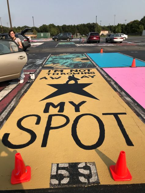 Senior Disney Parking Spots, Lana Del Rey Parking Spot, Senior Parking Spaces Theatre, Spiderman Senior Parking Spot, Hamilton Parking Spot, Junior Year Parking Spot, Senior Parking Space Ideas Music, Senior Parking Space Ideas Harry Styles, Senior Parking Painting Ideas