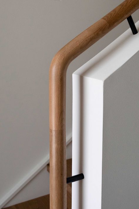 The white oak handrail serves as a familiar and steady guide from entry up to the third floor. Oak Handrails For Stairs, White Oak Handrail, Staircase Handrail Design, Stair Handrail Ideas, Stairs Handrail, Pine Point, Oak Handrail, Wood Handrail, Staircase Railing