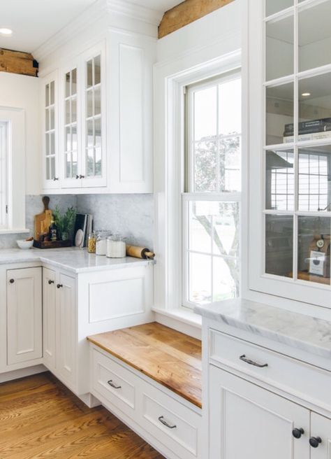 Love the window seat under low window to keep cabinets going | Farmhouse Kitchen by The Working Kitchen, Ltd. Seating In Kitchen, Window Seat Kitchen, White Cupboards, Farmhouse Kitchens, Farmhouse Kitchen Cabinets, White Kitchen Design, Farmhouse Sink Kitchen, Trendy Kitchen, Kitchen Cabinet Design