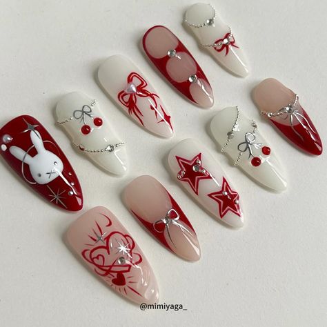 custom set. red miffy🐰 ib：@oaklestudio #nail #nails #pressonnails #pressons #nailextensions #stickonnails #y2knails #y2k #starnails #y2kaesthetic #y2kfashion #nailart #naildesign #naildesigns #miffy inspo Fake Nails Designs, Red Nail Art, Grunge Nails, Y2k Nails, Blush Nails, Pretty Gel Nails, Really Cute Nails, Soft Nails, Kawaii Nails