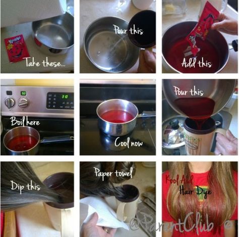 How to kool aid dye hair Dye Hair With Koolaid, Hair Tips Dyed, Hair Color Tips, Kool Aid Hair Dye, How To Dye Hair, Kool Aid Dye, Kool Aid Hair, Craft Activity For Kids, Dyed Hair Care