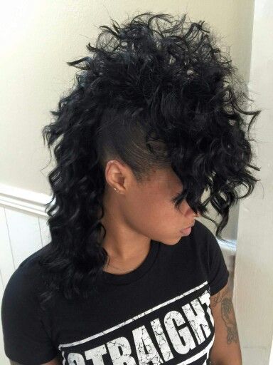 Wavy mohawk Mohawk Hairstyles For Black Women Curly, Punk Mohawk Women, Wolfcut Mohawk, Long Curly Mohawk For Women, Mohawk Down, Black Hair Mohawk Styles, Perm Mohawk, Long Curly Mohawk, Mohawk Hairstyle Women