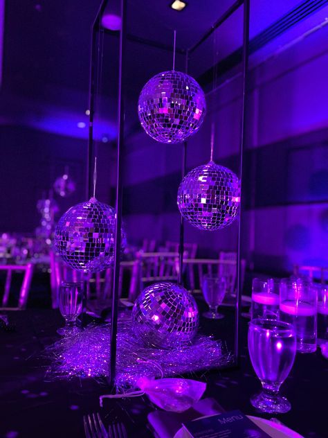 Sweet Sixteen Euphoria Theme, Euphoric Aesthetic Party, Euphoria Prom Decoration, Night At The Disco Prom, Purple Party Lighting, Purple Party Lights, Club Theme Sweet 16, Prom Euphoria Theme, Euphoria Table Decorations