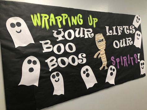 Halloween Bulletin Boards For Hospital, Halloween Decorations For Doctors Office, Nursing Halloween Decor, Halloween Nurse Bulletin Boards, School Nurse Halloween Door, Nurses Station Halloween Decor, Nurse Halloween Decorations, Medical Office Halloween Decorations, School Nurse Door Decoration Ideas