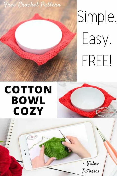 Crochet Bowl Cozy, Bowl Cozy Pattern, Corak Krusye, Crochet Hot Pads, Crochet Bowl, Crochet Cup Cozy, Cozy Pattern, Cotton Bowl, Cozy Crochet Patterns