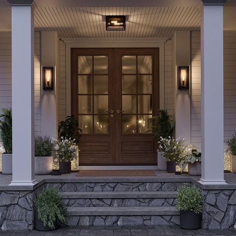 The Jaxon Outdoor Wall Light is a chic fixture that sets a sophisticated tone from the front door to the back entry. The sleek transitional lines of the unique dual frame light are crafted in matte black aluminum with burnished brass detailing on the interior back plate and socket. This dual finish combination casts a warm and inviting glow in any entryway and can be mounted with the inner frame and socket either up or down. The Jaxon Wall Light is not only for outdoor use, it will also make a s Cottage Style Front Doors, Exterior Entryway Ideas, Front Porch Plants, Front Door Lighting, Front Door Entryway, Outdoor Entryway, Facade Lighting, Front Door Entrance, Exterior Front Doors