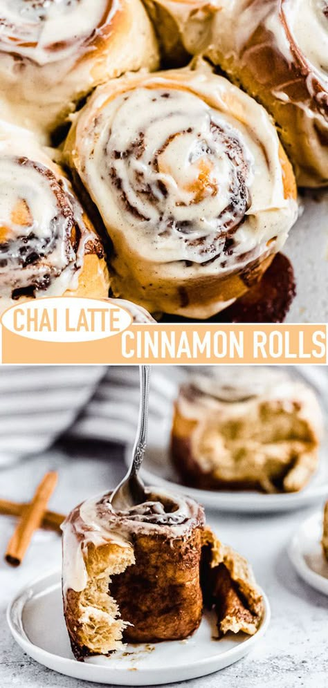 Chai Recipes Food, Chai Tea Desserts, Chai Baking Recipes, Chai Tea Baking Recipes, Chai Cinnamon Rolls, Chai Pastries, Fall Cinnamon Rolls, Chai Desserts, Unique Cinnamon Rolls