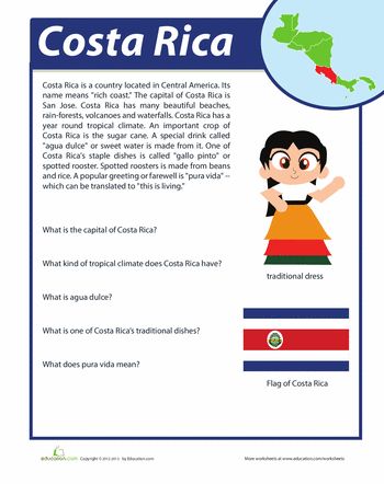 Worksheets: Costa Rica Facts Costa Rica Facts, Costa Rica Map, Hispanic Heritage Month Activities, Spanish Basics, Learn Spanish Online, Country Facts, World Thinking Day, Spanish Verbs, Elementary Spanish