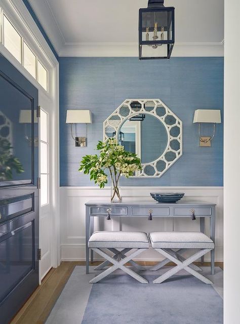 Wallpaper Transitional, Palace Wallpaper, Stools Design, Blue Console Table, Traditional Entryway, Foyer Light, Center Hall Colonial, Green Shutters, White Wainscoting