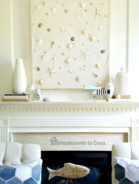 DIY Wall Decor with Grout  and Shells for above the Fireplace...  http://www.completely-coastal.com/2017/01/shells-embedded-in-grout-wall-art.html Decorating With Shells, Framed Shells, Shell Collage, Seashells On The Beach, Seashell Collection, Summer Mantel, Deco Marine, Modern Coastal Decor, Seashell Wall Art