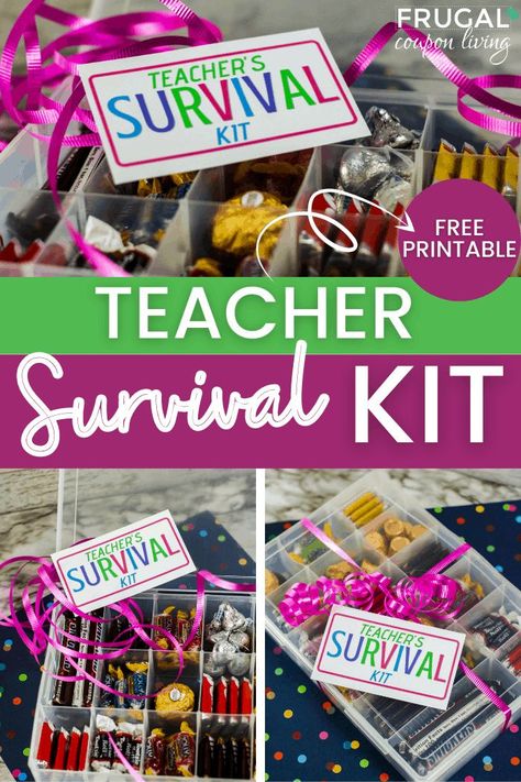 Kick-off the school year right or show some love teacher appreciation week! Gift these teacher survival kits to your child's teachers this year. Teacher survival kits make a cute and thoughtful gift to get them through busy days in the classroom.  #FrugalCouponLiving #teacherappreciation #giftideas Testing Survival Kit For Teachers, Funny Teacher Survival Kit Ideas, Teacher Emergency Kit, Teacher Survival Kit, Dollar Diy, Survival Kit Gifts, School Survival Kits, Survival Kit For Teachers, Teacher Survival