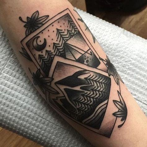 Polaroid Landscape, Cabin Tattoo, Polaroid Tattoo, Traditional Blackwork, Scenery Tattoo, Traditional Black Tattoo, Autumn Tattoo, Polaroid Photo, Tattoo Style Drawings