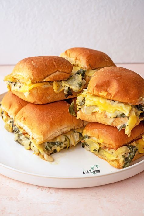 Spinach Artichoke Sliders — The Yummy Vegan Vegan Sliders, Butternut Squash Lasagna Rolls, Cabbage Potato Soup, Butternut Squash Lasagna, Slider Sandwiches, Lasagna Rollups, Feta Dip, Creamy Dip, Vegan Sour Cream