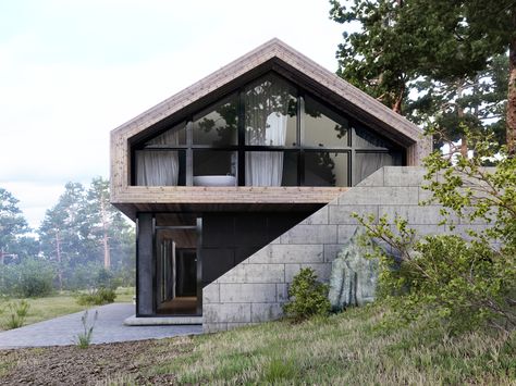 House Visualisation, House On Slope, Slope House, Country Modern Home, Hillside House, Container Houses, Modern Barn House, House Extension, Modern Barn