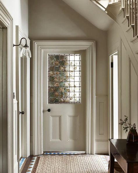 What is colour drenching? The secret to this bold interior trend - Emily May Molding On Entry Way, Stain Glass In House, Emma Milne Interiors, Stained Glass Entryway, House Interiors Cozy, Stained Glass Home Decor, Stained Glass In House, Stained Glass Doors Interior, Door With Glass Window