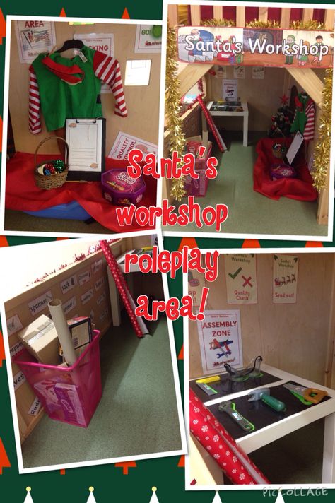 Santa's workshop roleplay area. Santas Grotto Eyfs, Elf Workshop Dramatic Play, Dramatic Play Santa's Workshop, Elf Workshop Role Play, Santas Workshop Role Play Area, Christmas Role Play Area, Santa’s Workshop School Hallway, Santa's Workshop Dramatic Play, Toys Topic