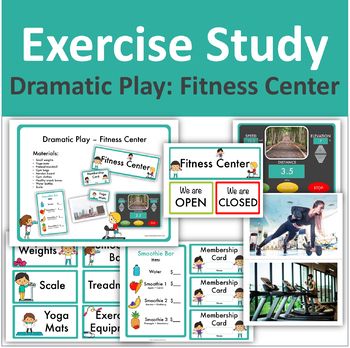 Exercise Study - Dramatic Play: Fitness Center (Creative Curriculum)This set includes:*Ideas for the dramatic play center*Center sign*Labels (6)*treadmill display (2)*Exercise pictures (12)*Smoothie bar menu*Membership cards... Gym Dramatic Play, Exercise Study Creative Curriculum, Creative Curriculum Exercise Study, Preschool Exercise, Exercise Pictures, Creative Curriculum Preschool, Dramatic Play Ideas, Dramatic Play Center, Dramatic Play Preschool