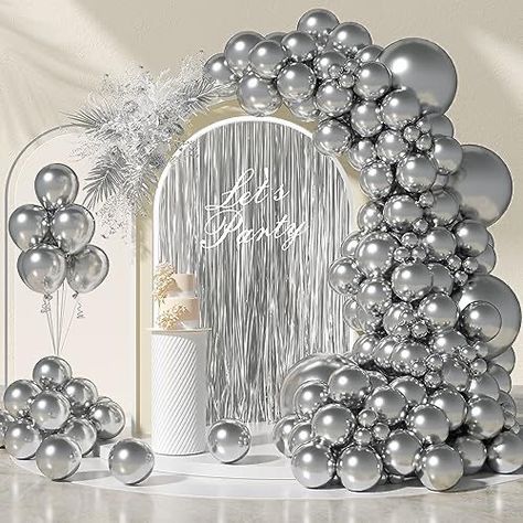 Silver Balloon Garland, Prom Balloons, Silver Party Decorations, Silver Balloons, 60th Birthday Decorations, Disco Party Decorations, Wedding Anniversary Decorations, Boo Tiful, Fringe Backdrops