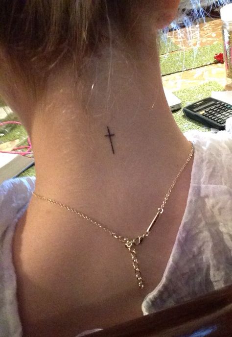 Cross On Neck Tattoo For Women, Cross Behind Neck Tattoo, Cross On Spine Tattoo, Cross On The Back Of Neck Tattoo, Cross Tattoos For Women Neck, Cross Back Of Neck Tattoo, Cross On Back Of Neck, Cross On Back Tattoo, Christian Neck Tattoos