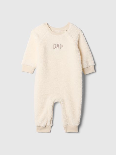 Soft sherpa one-piece.  Crewneck with side snap button placket.  Long sleeves with banded cuffs.  Snaps at inseam for easy dressing and diapering.  Embroidered Gap arch logo at front.  For more fit and sizing info, check out our Size Guide. Baby Logo, Gap Logo, Arch Logo, Side Snap, Baby Room Design, Twin Boys, Easy Dressing, Baby Registry, Neutral Baby