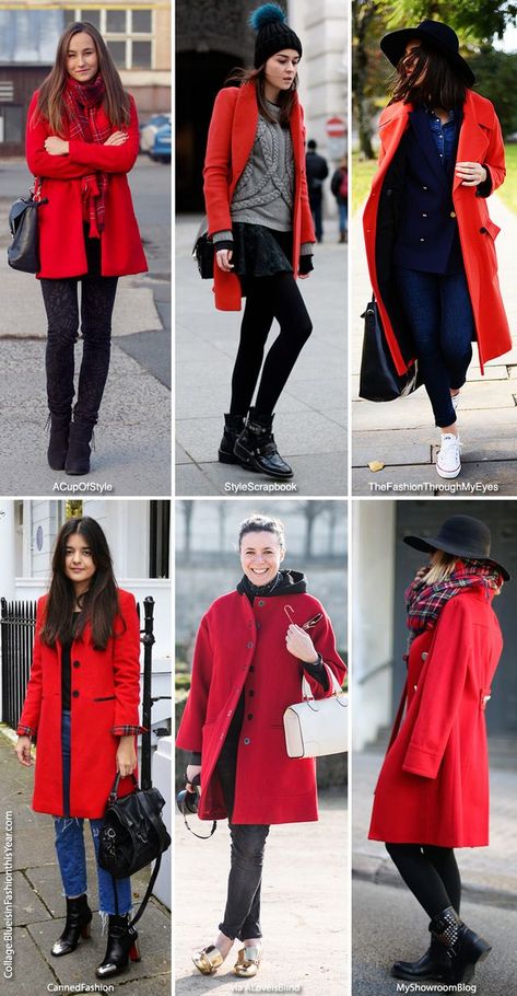 Inspiration: The Red Coat | Blue is in Fashion this Year | Bloglovin’ Red Wool Coat Outfit, Red Trench Coat Outfit, Red Coat Outfit, Red Jacket Outfit, Fall Fashion Skirts, Red Wool Coat, Look Office, Trench Coat Outfit, Looks Black