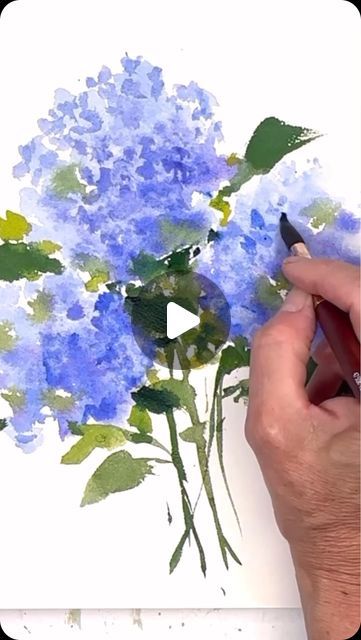 Artist/ teacher/ illustrator on Instagram: "We still seem to have a hydrangea bloom everywhere in MA- I just love these flowers -this tutorial is up on my YouTube if would like to try it! Click the link in my profile!  Happy Painting!!🖼️  . . . . . . #watercolor #watercolorpainting #bluehydrangea #summerflowers #watercolorflowers #blueflowers #artoftheday" Watercolour Hydrangea Tutorial, Water Colour Hydrangea, How To Paint A Hydrangea, Watercolor Hydrangea Step By Step, Watercolour Inspiration Flowers, Watercolor Illustration Tutorial, Flower Watercolor Tutorial, Hydrangea Watercolor Painting, Simple Watercolor Flowers