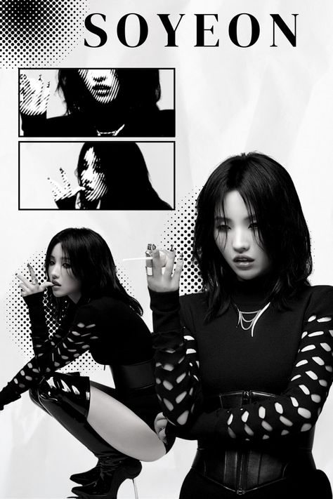 Gidle Poster Black And White, Grey Kpop Poster, Gidle Poster Aesthetic, Black Kpop Poster, Soyeon Black And White, Kpop Posters Gidle, Gidle Black And White, K Pop Posters Aesthetic, Kpop Edits Photo