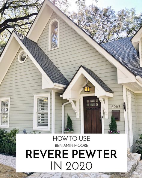 Revere Pewter Floor Color, Taupe Painted House Exterior, Revere Pewter Home Exterior, Cottage Carport Ideas, Benjamin Moore Pewter Revere, Greige Paint Exterior House, Cream Gray Exterior Paint, Pewter Exterior House Colors, House Paint Exterior Colour Schemes Green