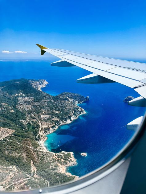 Flyover shot of Ibiza from airplane, showing ocean and surrounding island Ibiza Wallpaper, Spain Ibiza, Travel Spain, Ibiza Spain, Plane Travel, Honeymoon Travel, Spain Travel, Bahamas, Ibiza