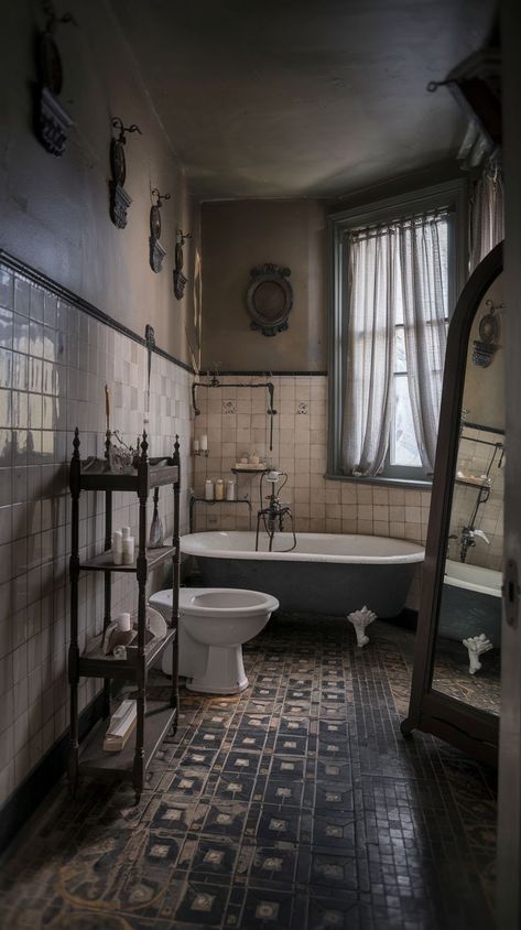 Explore 17 stunning moody vintage bathroom ideas that combine timeless elegance with dramatic charm. From antique fixtures to rich, dark tones, these designs will inspire a sophisticated makeover for your bathroom. Perfect for those seeking a cozy yet vintage aesthetic. Old Bathroom Aesthetic, Dark Vintage Bathroom, 1800s Bathroom, Victorian Homes Interior Bathroom, Black Vintage Bathroom, Victorian Gothic Bathroom, Dark Bathroom Aesthetic, Victorian Bathroom Ideas, Antique Bathroom Ideas