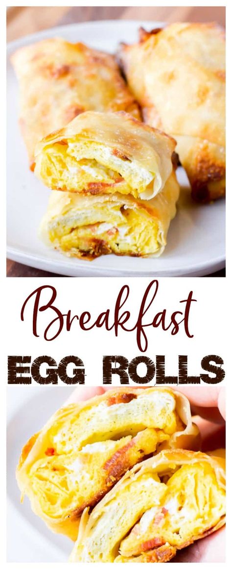 Breakfast Egg Rolls - These Breakfast Egg Rolls are a fun and delicious breakfast. They are stuffed with bacon, eggs, and cheese. These egg rolls are easy to make, can be made ahead of time, and even frozen. These egg rolls can be deep fried, baked in the oven, or even air fried. | #eggrolls #breakfasteggrolls #breakfast #breakfastrecipes #eggrolls Egg Roll Up, Leftover Egg Roll Wrappers, Egg Roll Recipes Breakfast, Baked Eggroll Wrapper Recipes, Recipes That Use Egg Roll Wrappers, Egg Roll Up Breakfast, Egg Roll Wrapper Recipes Baked, Egg And Bacon Roll, Healthy Recipes With Egg Roll Wrappers