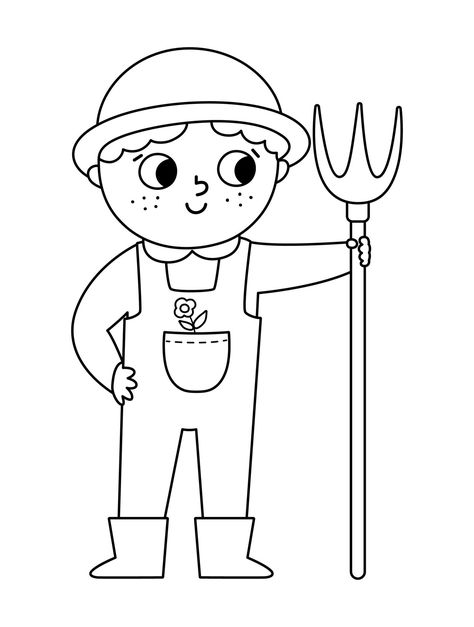 Vector black and white farmer with hayfork icon. Cute kid doing agricultural work. Rural outline country character. Child gathering hay. Funny farm illustration or coloring page My Country Kindergarten Activities, Farmer Coloring Pages, Farmer Drawing Easy, People Illustration Simple, Farm Animal Drawings, Farmer Drawing, Preschool Jobs, Farm Drawing, Farm Illustration