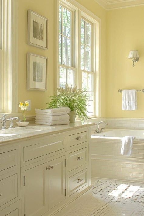 Pale Bathroom Colors, Yellow Master Bath, Colors That Go With Pale Yellow, Soft Yellow Paint Colors, White And Yellow Bathroom, Light Yellow Bathroom, Pale Yellow Bathroom, Serenity Bathroom, Pale Yellow Bathrooms