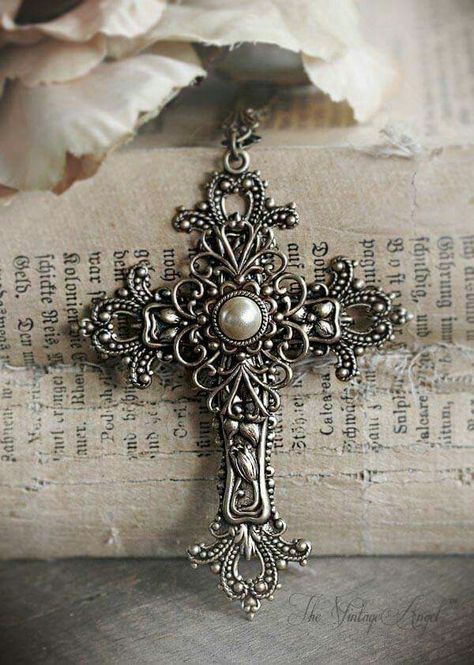 Christian Cross Necklace, Victorian Filigree, Sign Of The Cross, Cross Necklaces, Religious Tattoos, Golden Pearl, Christian Cross, Christian Jewelry, Cross Jewelry