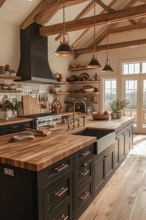 40 Barndominium Kitchens That Redefine Rustic Luxury | VIVA Dream Rustic Kitchen, Hi Ranch Kitchen Remodel, Timber Frame Kitchens, Barndimonium House Rustic, Lived In Kitchen Aesthetic, Cottagecore Barndominium, Ranch Style Homes Kitchen, Log House Kitchen Ideas, Industrial Farmhouse Kitchen Design