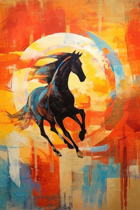 An abstract painting of a galping horse against a breathtaking sunset. Ideal as a large wall decor, this piece captures the unique cubist interpretation of motion and the natural world. The vibrantly colored sunset art print, available in three substantial sizes, brings a modern yet timeless aesthetic to your home decor. As a framable abstract art piece, this galloping horse print, inspired by the genius of Picasso, adds an element of dynamic and creative charm to any room. Galloping Horse Painting, Modern Nature Painting, Colourful Horse Painting, Modern Horse Paintings, Horses Painting Abstract, Wall Painting Animals, Horse Wall Painting, Horse Abstract Painting, Horse Acrylic Painting